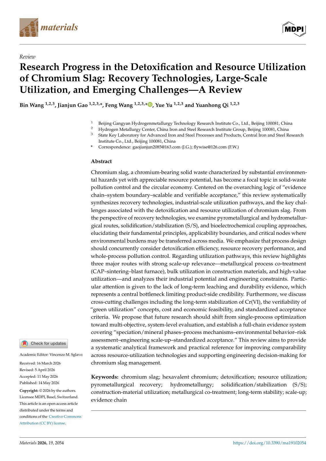 First page of Research Progress in the Detoxification and Resource Utilization of Chromium Slag: Recovery Technologies, Large-Scale Utilization, and Emerging Challenges—A Review
