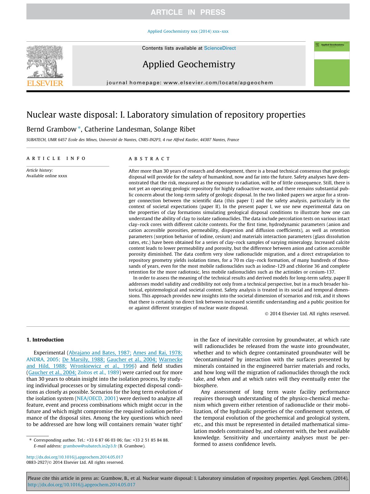 First page of Nuclear waste disposal: I. Laboratory simulation of repository properties