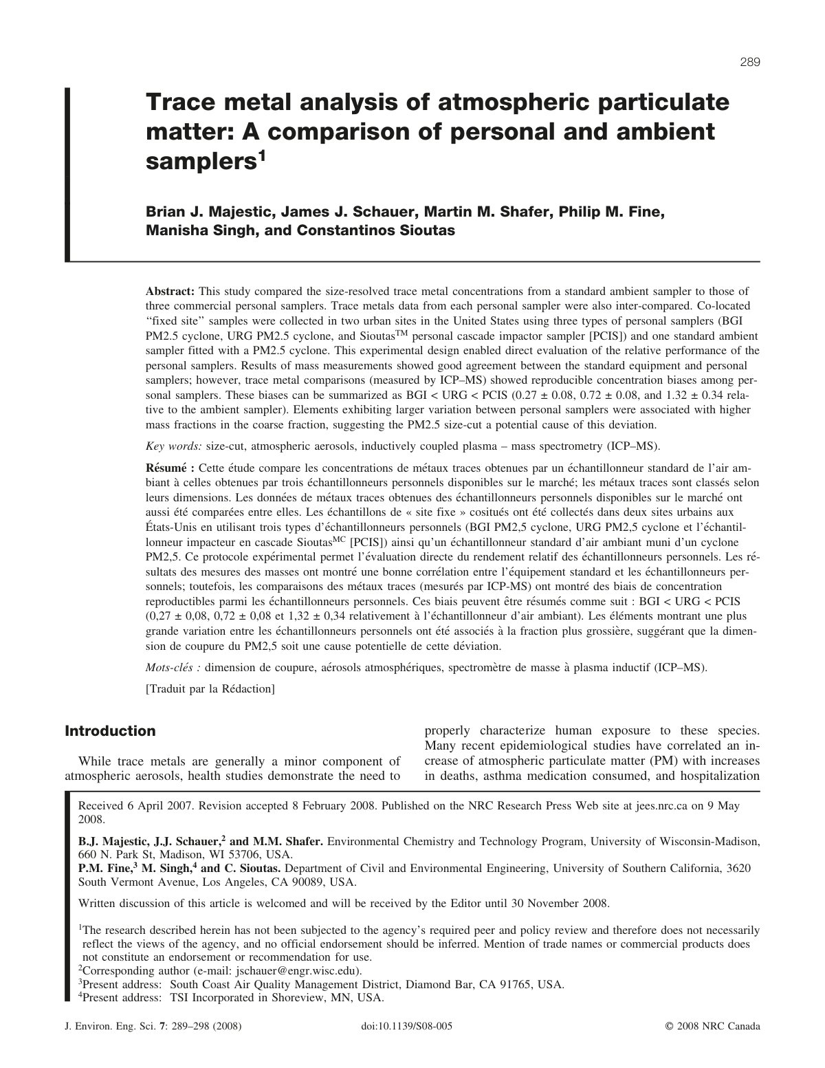 First page of Trace metal analysis of atmospheric particulate matter: A comparison of personal and ambient samplers