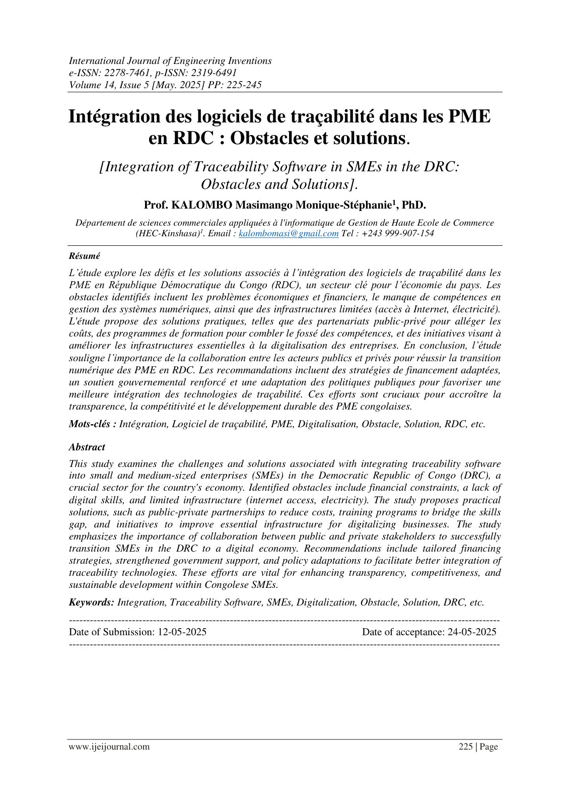 First page of Intégration des logiciels de traçabilité dans les PME en RDC : Obstacles et solutions.