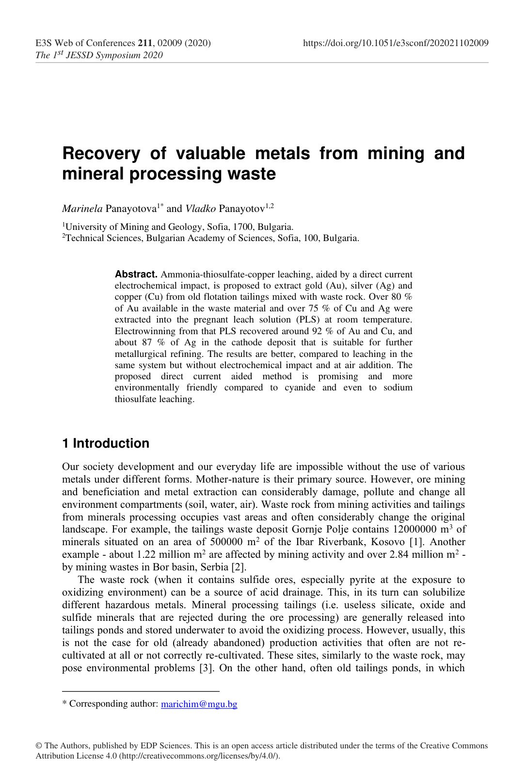 First page of Recovery of valuable metals from mining and mineral processing waste