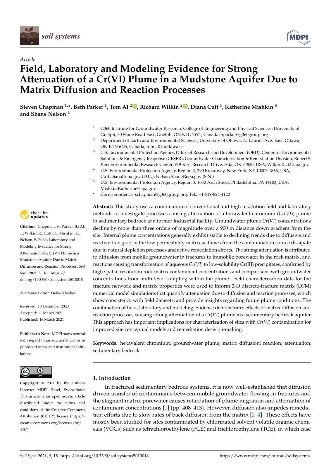 First page of Field, Laboratory and Modeling Evidence for Strong Attenuation of a Cr(VI) Plume in a Mudstone Aquifer Due to Matrix Diffusion and Reaction Processes