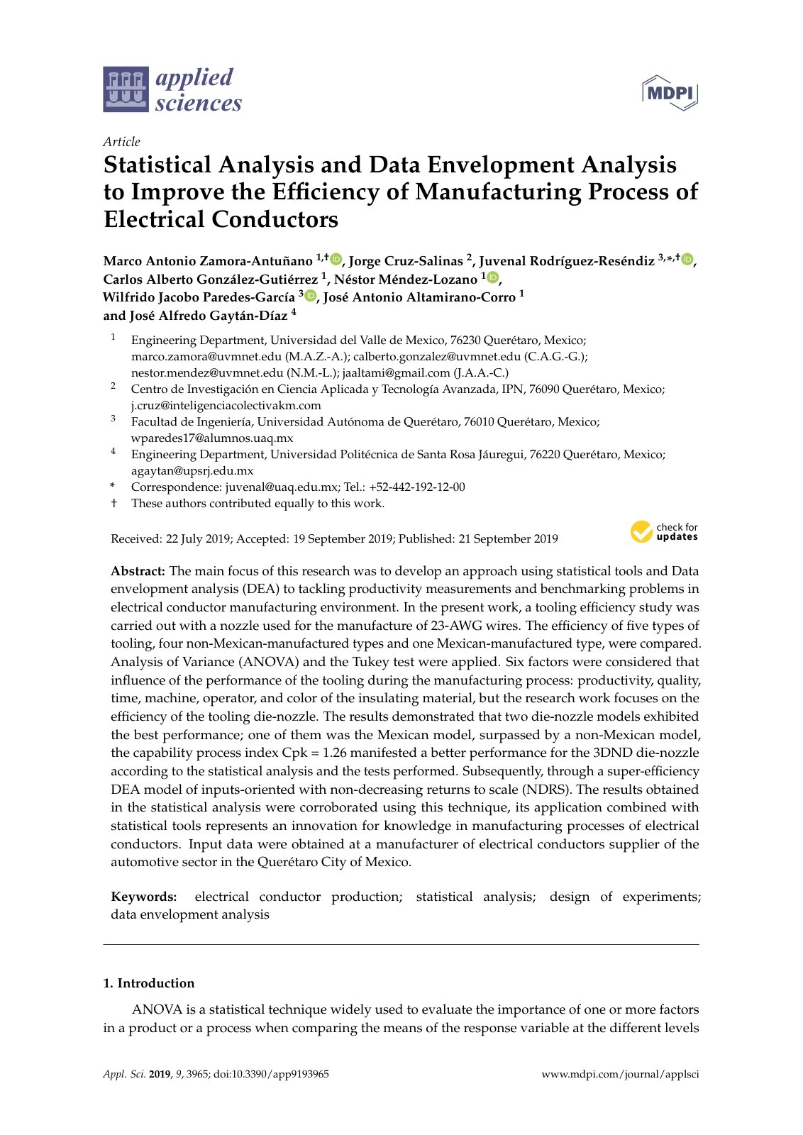 First page of Statistical Analysis and Data Envelopment Analysis to Improve the Efficiency of Manufacturing Process of Electrical Conductors