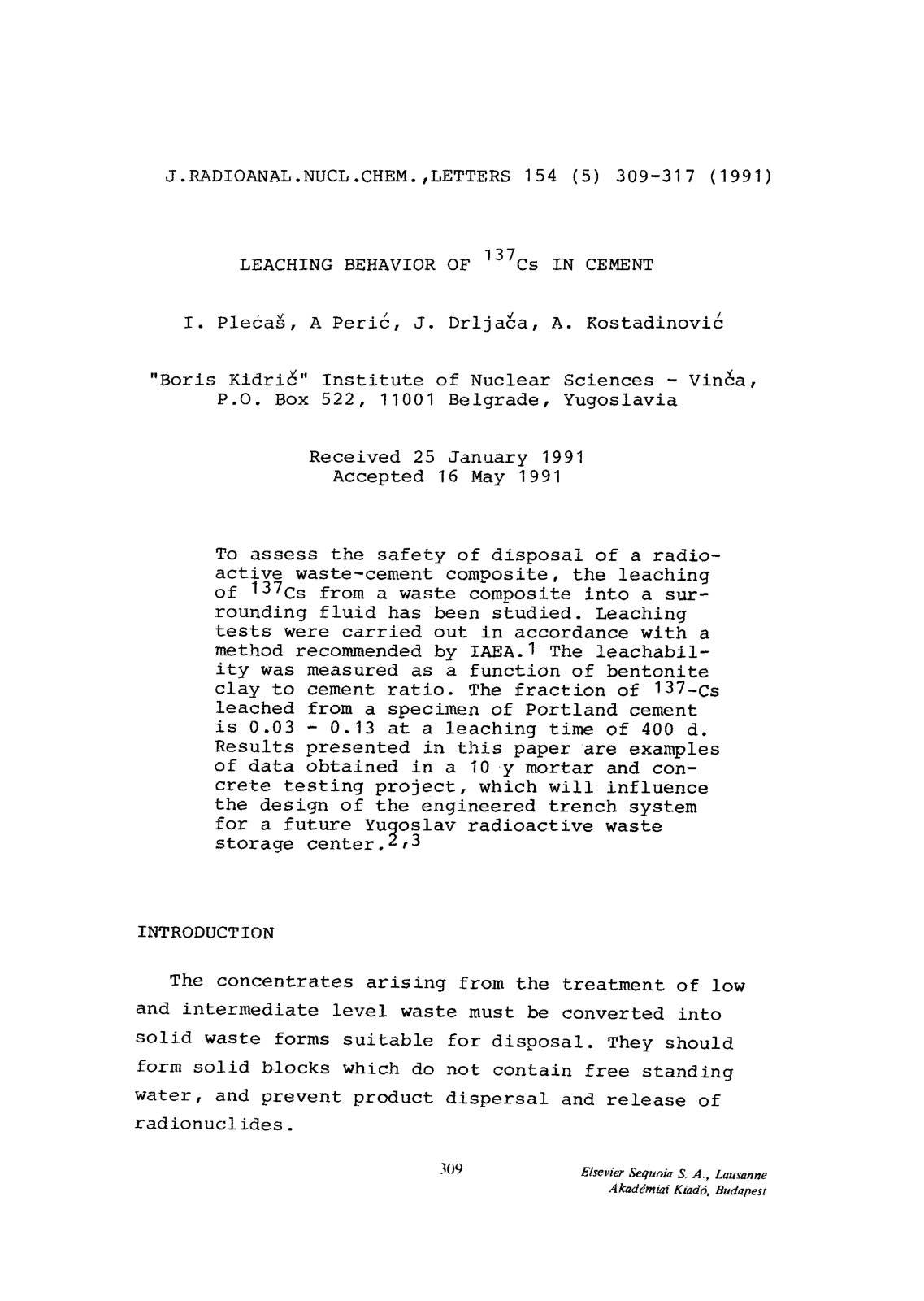 First page of Leaching Behavior of 137Cs in Cement