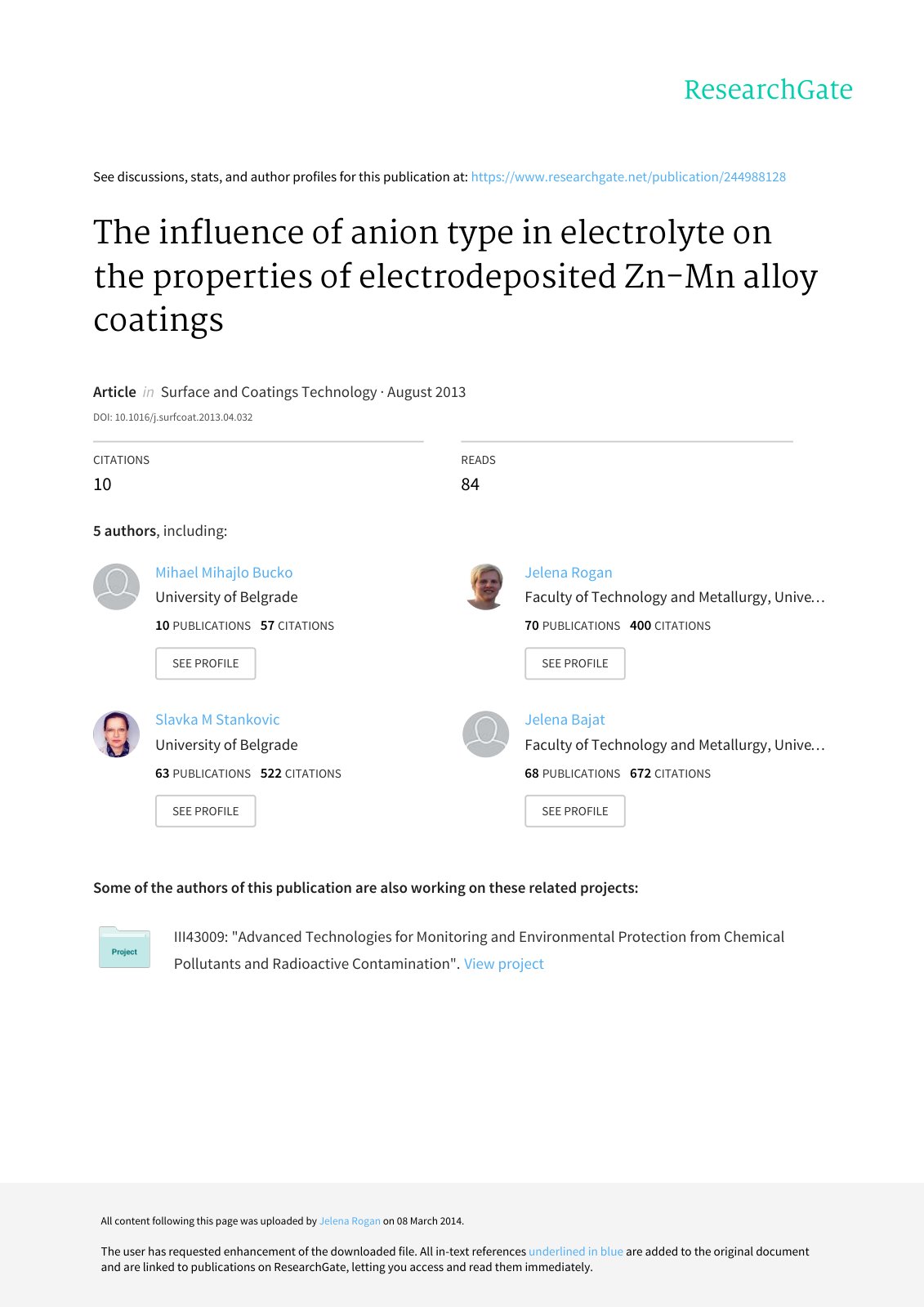 First page of The influence of anion type in electrolyte on the properties of electrodeposited Zn-Mn alloy coatings