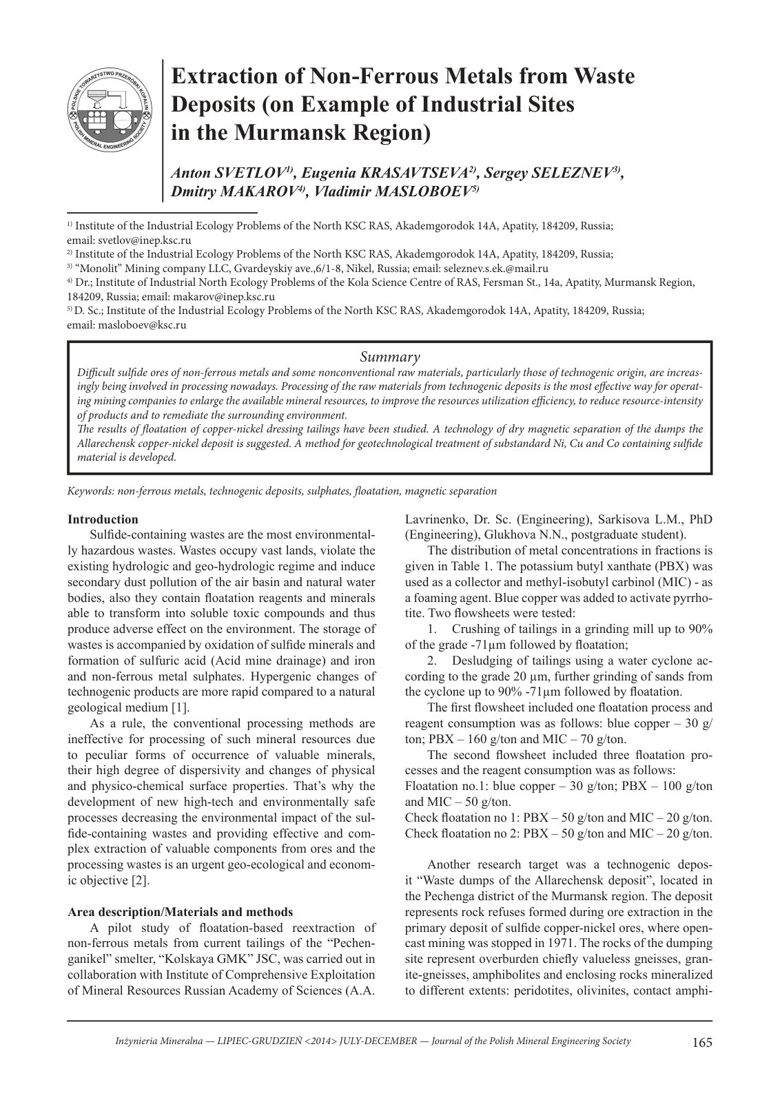First page of Extraction of Non Ferrous Metals from Wa