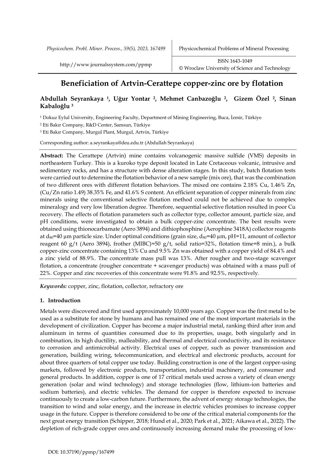 First page of Beneficiation of Artvin-Cerattepe copper-zinc ore by flotation