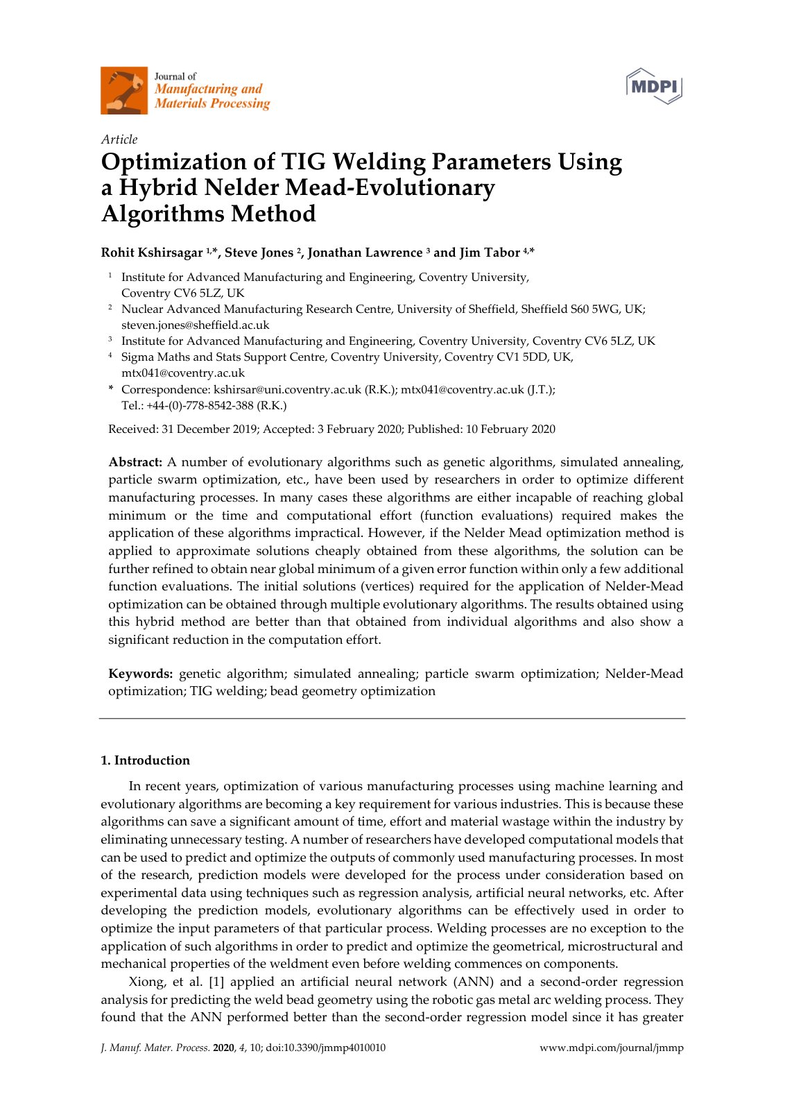 First page of J. Manuf. Mater. Process. 2020, 4, 10; doi:10.3390/jmmp4010010