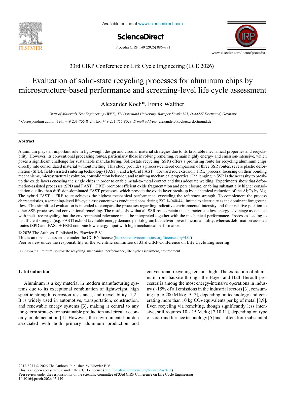 First page of Evaluation of solid-state recycling processes for aluminum chips by microstructure-based performance and screening-level life cycle assessment