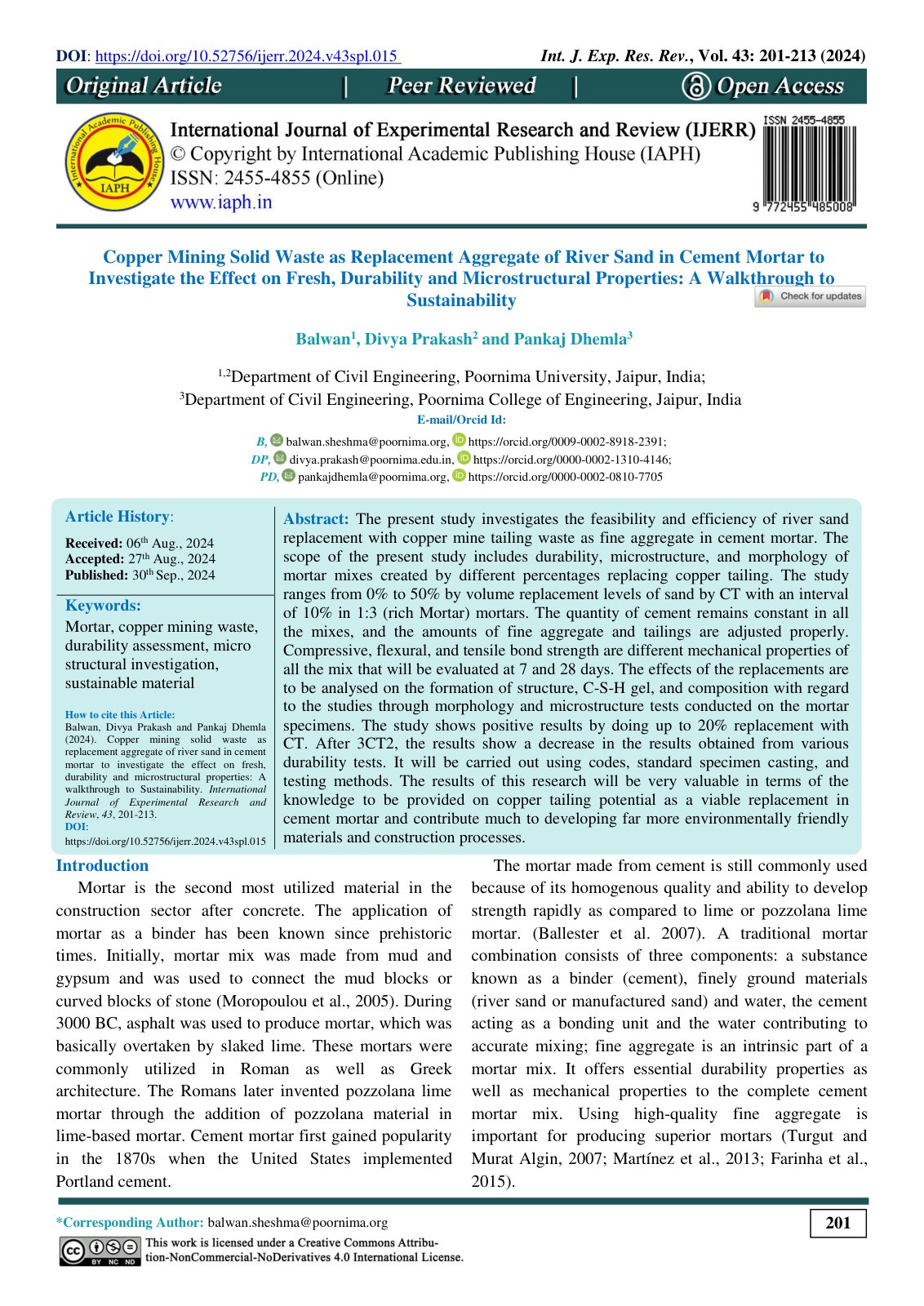 First page of Copper Mining Solid Waste as Replacement Aggregate of River Sand in Cement Mortar to Investigate the Effect on Fresh, Durability and Microstructural Properties: A Walkthrough to Sustainability