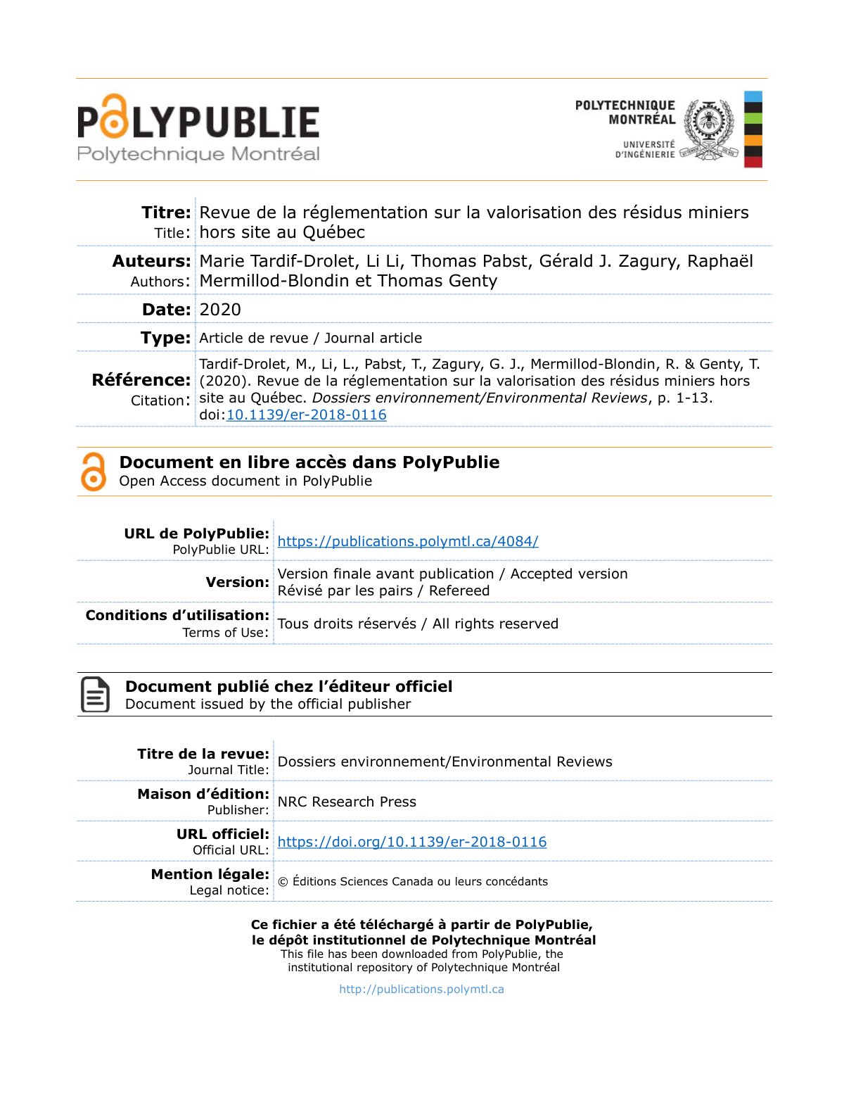 First page of Revue de la réglementation sur la valorisation des résidus miniers hors site au Québec
