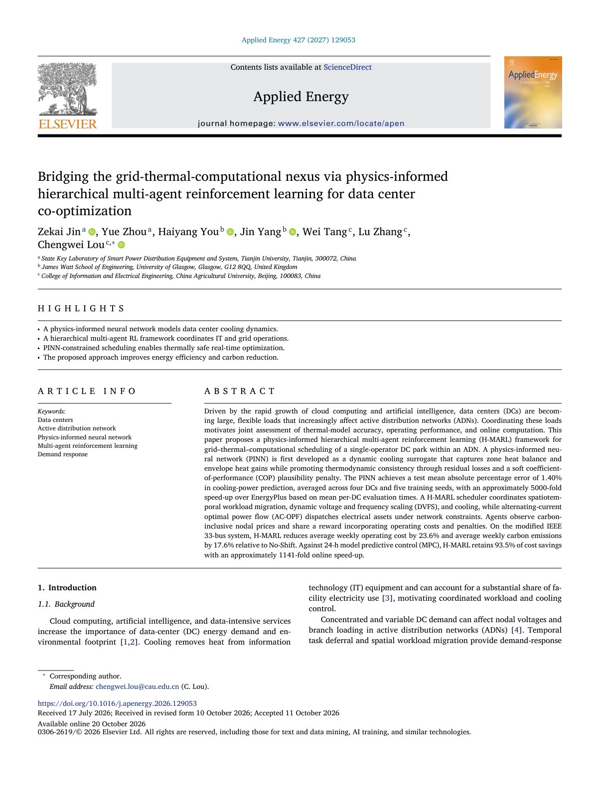 First page of Bridging the grid thermal computational nexus via physics inform 2027 Applie