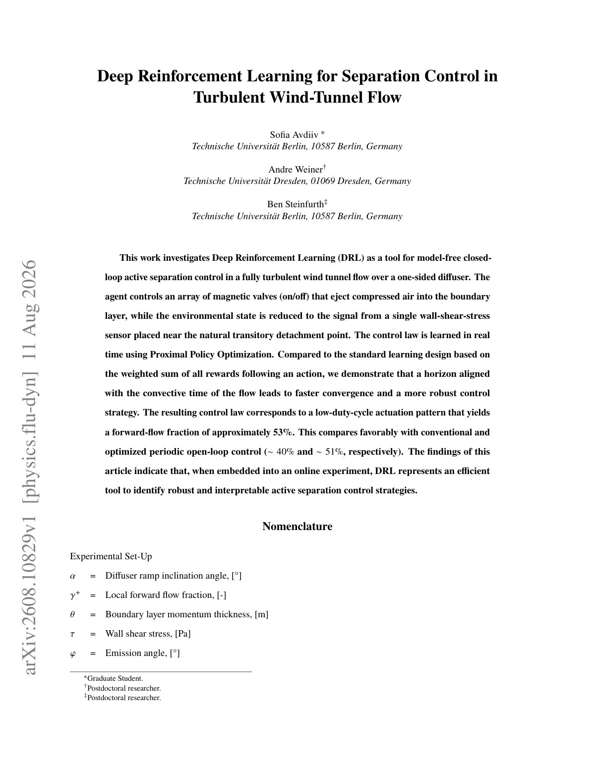 First page of Deep Reinforcement Learning for Separation Control in Turbulent Wind-Tunnel Flow