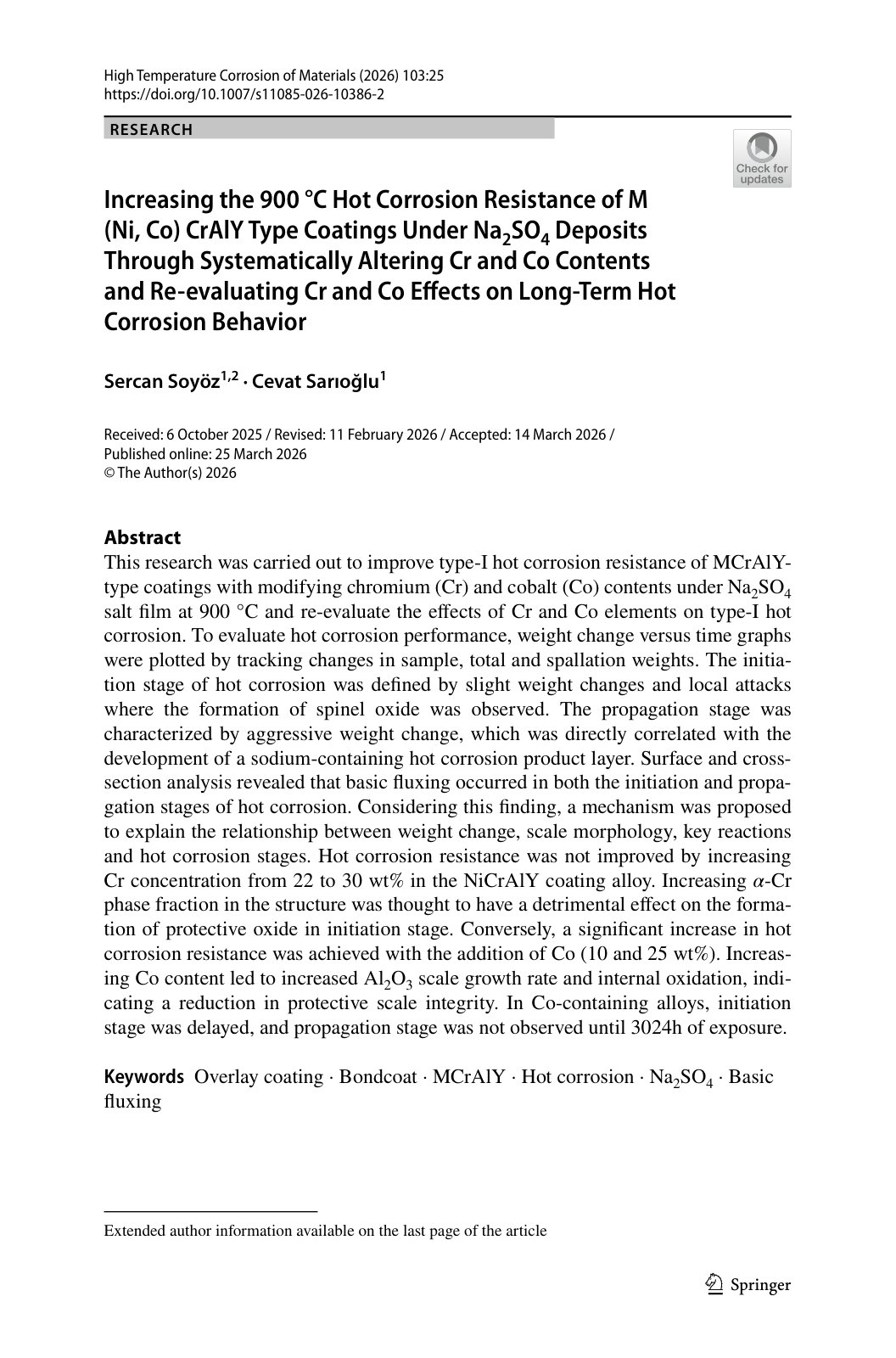First page of Increasing the 900 °C Hot Corrosion Resistance of M (Ni, Co) CrAlY Type Coatings Under Na2SO4 Deposits Through Systematically Altering Cr and Co Contents and Re‑evaluating Cr and Co Effects on Long‑Term Hot Corrosion Behavior