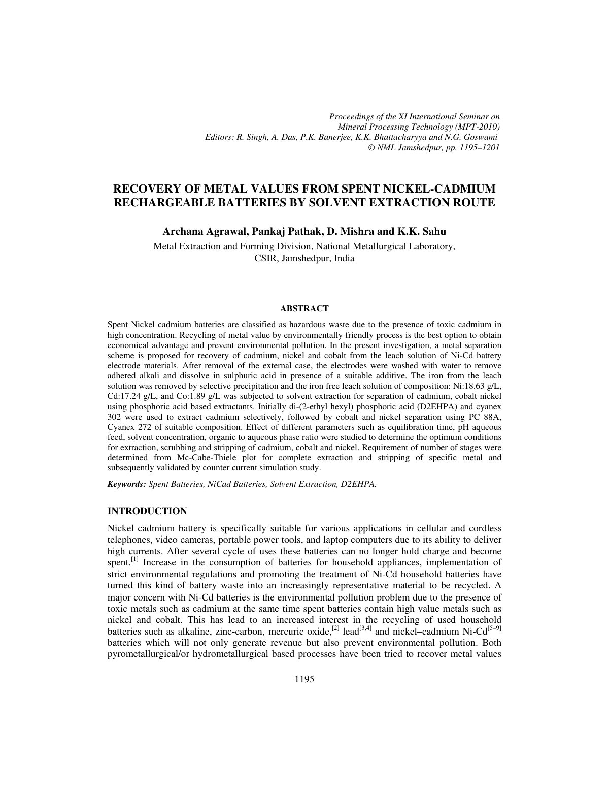 First page of Recovery of metal values from spent nick