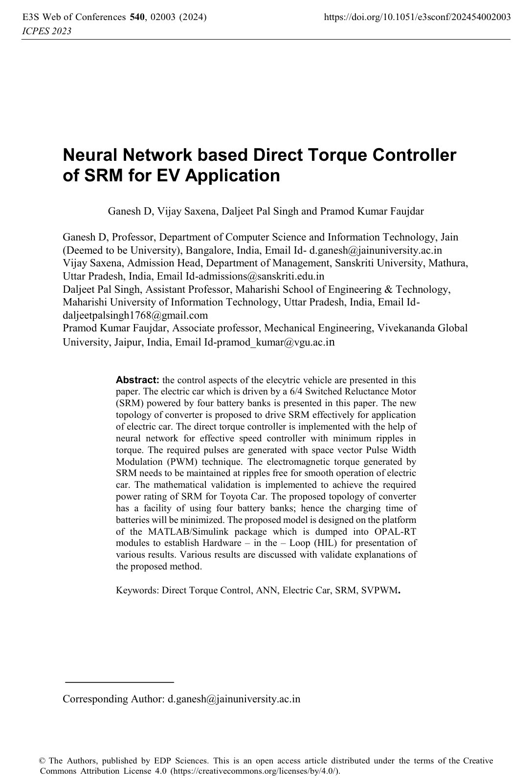 First page of Neural Network based Direct Torque Controller of S