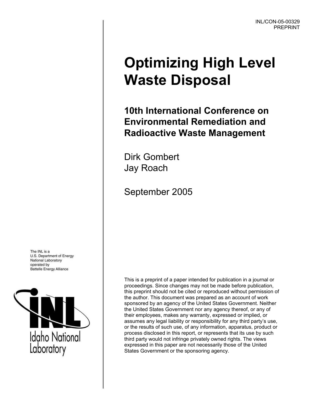 First page of Optimizing High Level Waste Disposal