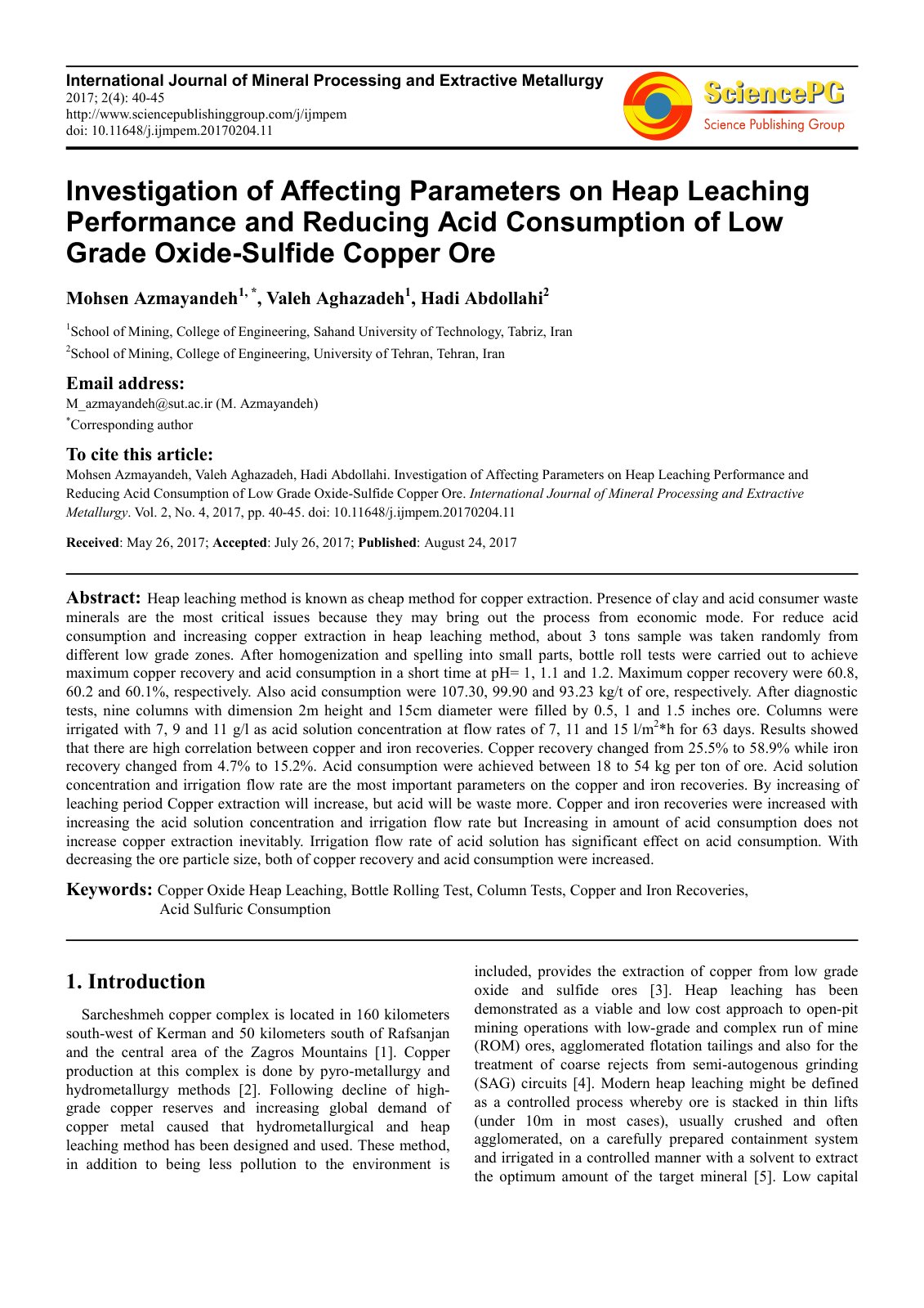 First page of Investigation of Affecting Parameters on Heap Leaching Performance and Reducing Acid Consumption of Low Grade Oxide-Sulfide Copper Ore