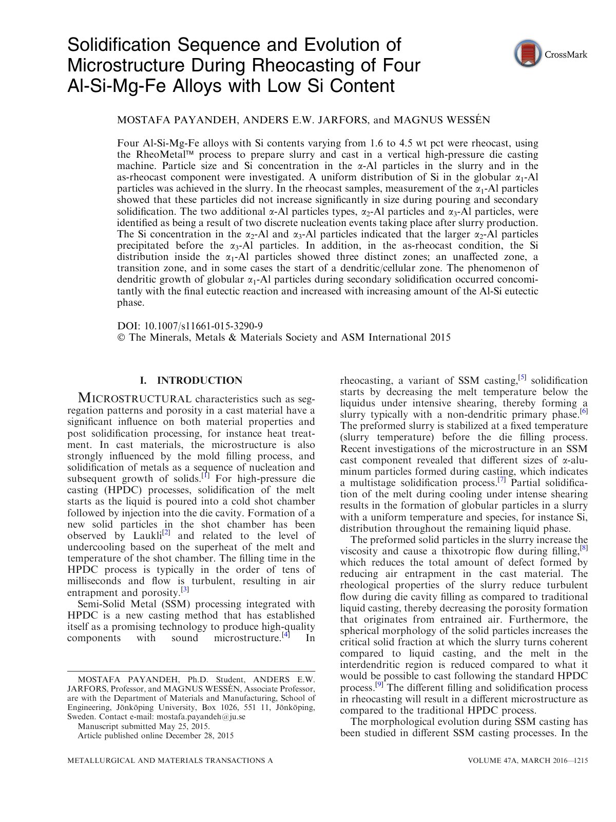 First page of Solidiﬁcation Sequence and Evolution of Microstructure During Rheocasting of Four Al-Si-Mg-Fe Alloys with Low Si Content