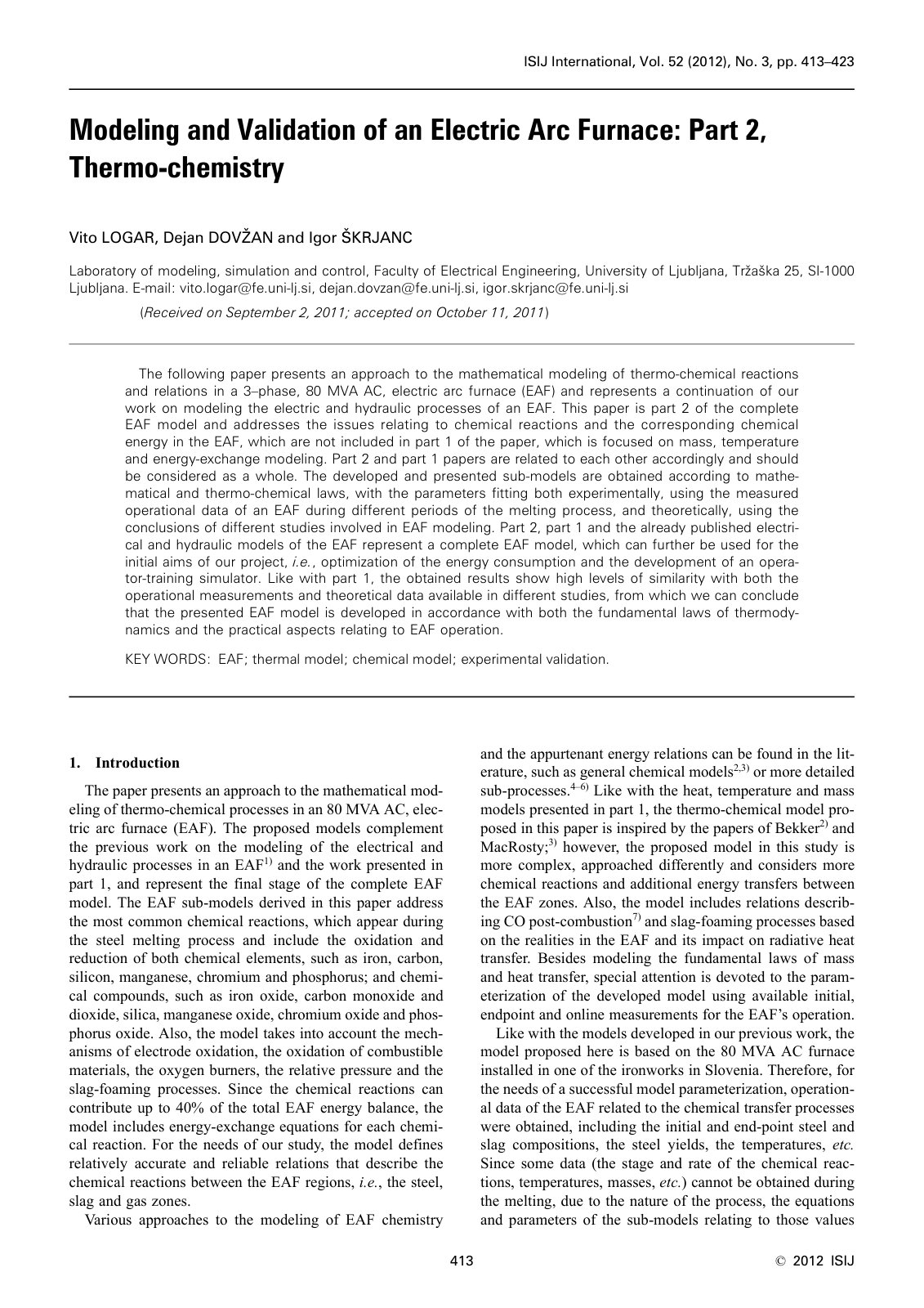First page of Modeling and Validation of an Electric Arc Furnace: Part 2, Thermo-chemistry