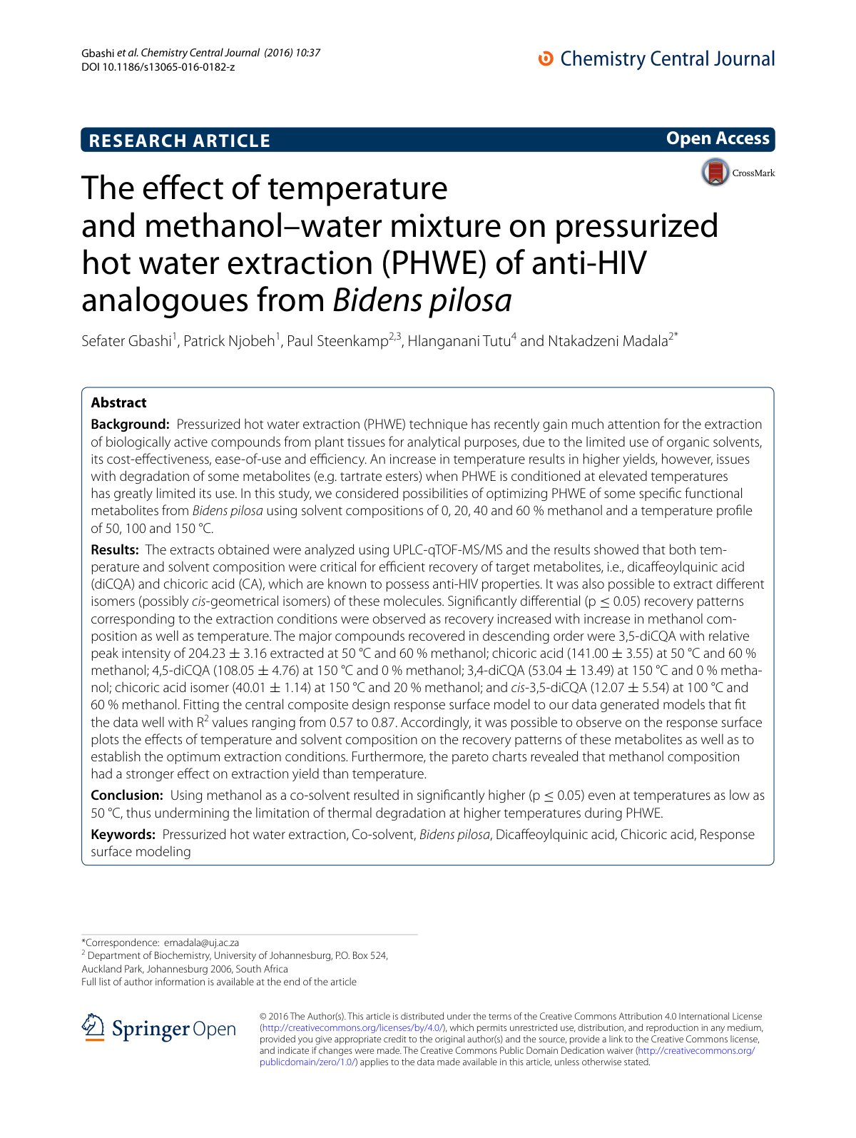 First page of The eﬀect of temperature and methanol–water mixture on pressurized hot water extraction (PHWE) of anti-HIV analogoues from Bidens pilosa