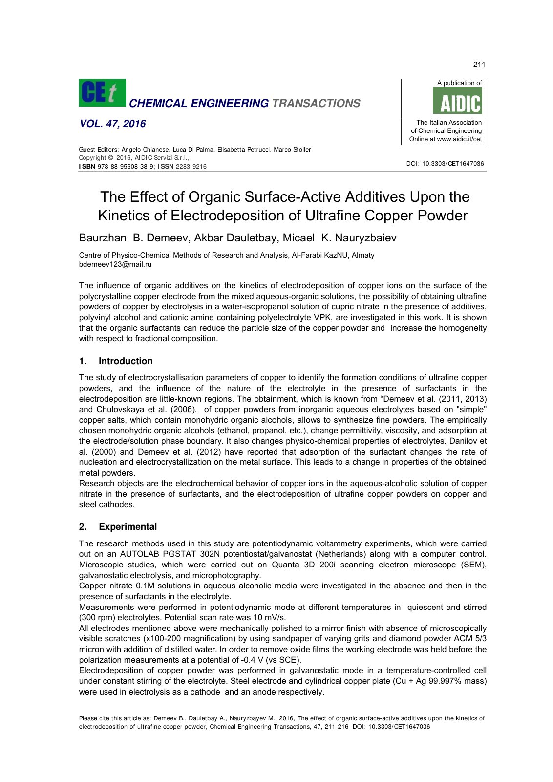 First page of The Effect of Organic Surface-Active Additives Upon the Kinetics of Electrodeposition of Ultrafine Copper Powder