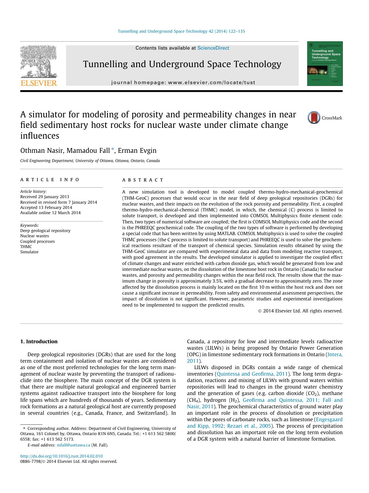 First page of A simulator for modeling of porosity and permeability changes in near field sedimentary host rocks for nuclear waste under climate change influences