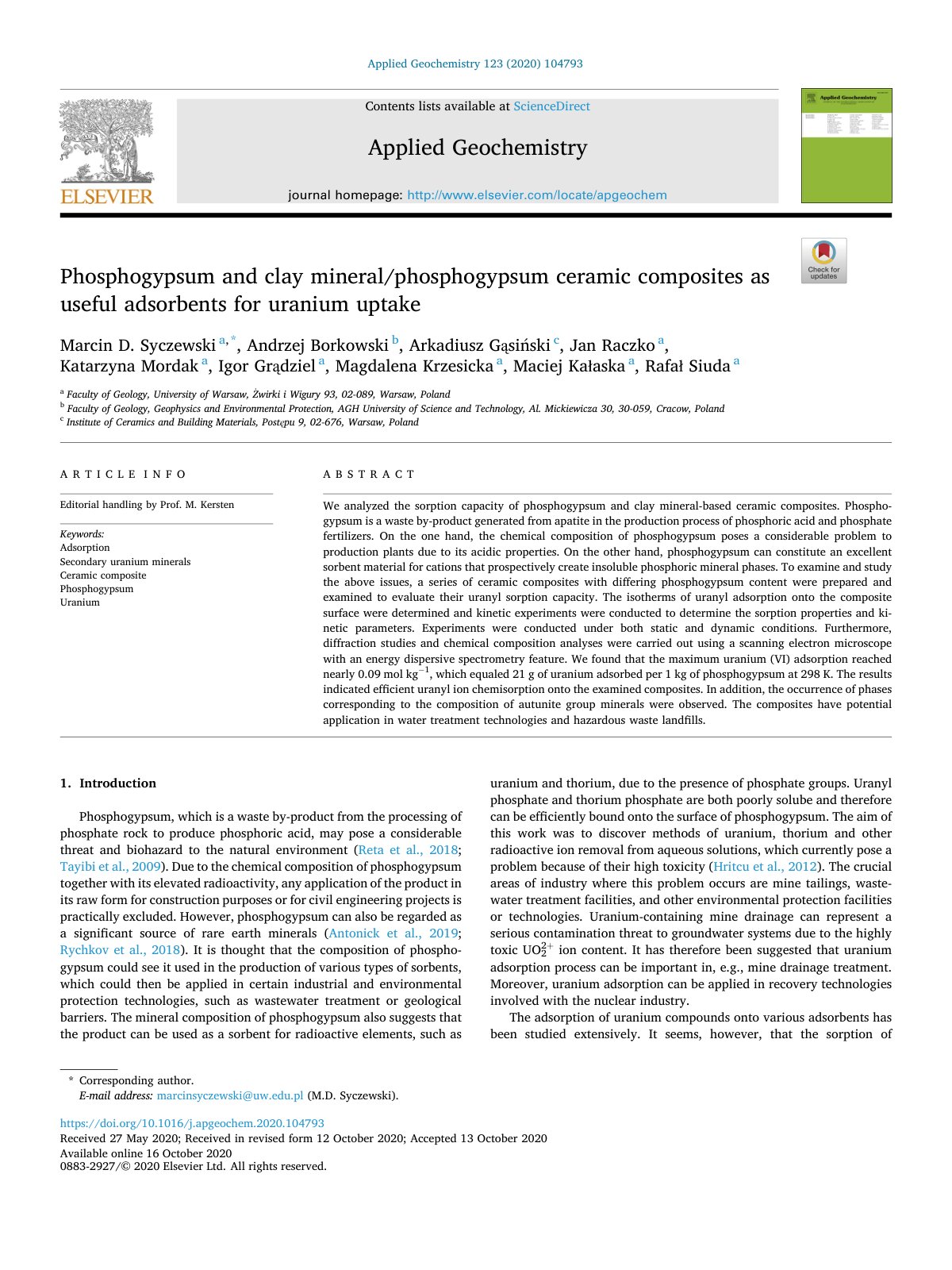 First page of Phosphogypsum and clay mineral/phosphogypsum ceramic composites as useful adsorbents for uranium uptake