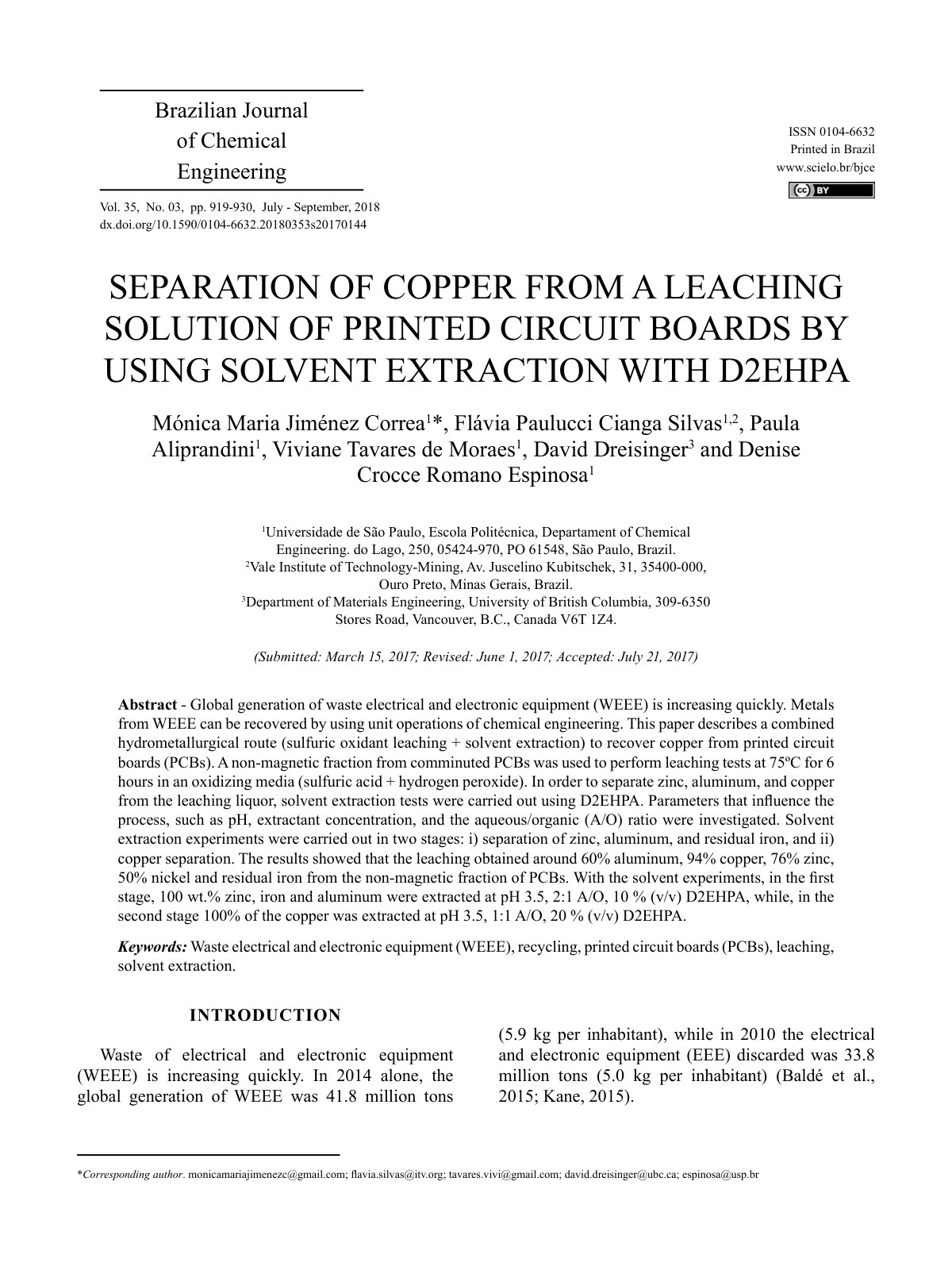 First page of SEPARATION OF COPPER FROM A LEACHING SOLUTION OF PRINTED CIRCUIT BOARDS BY USING SOLVENT EXTRACTION WITH D2EHPA
