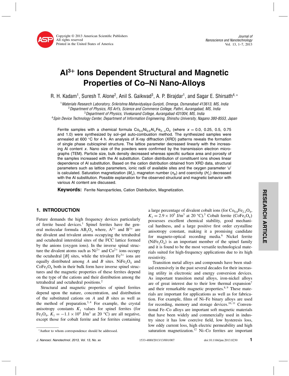 First page of Al3+ Ions Dependent Structural and Magnetic Properties of Co–Ni Nano-Alloys