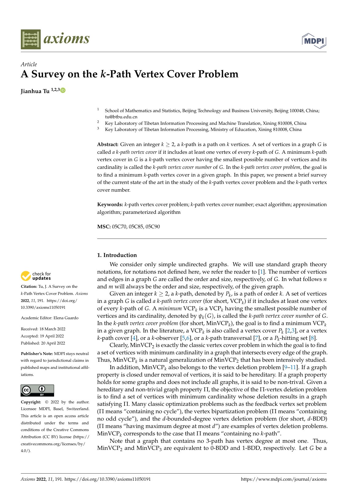 First page of A Survey on the k-Path Vertex Cover Problem