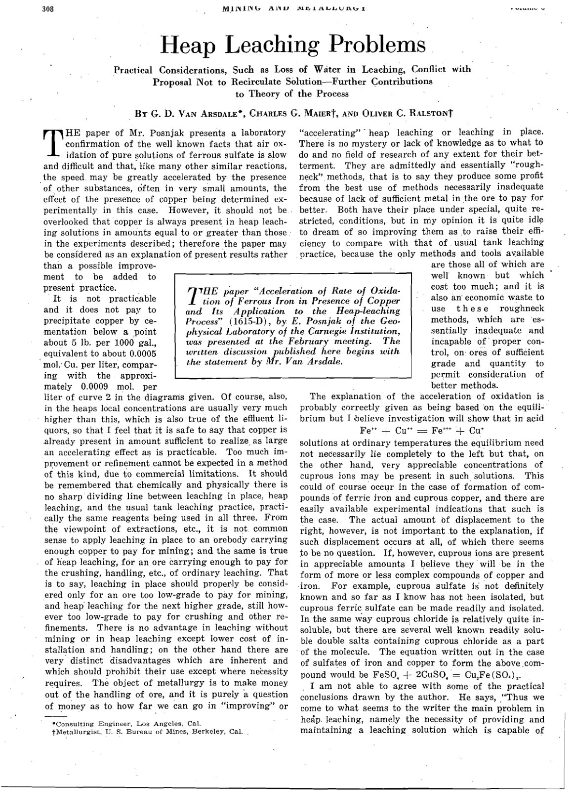 First page of Heap Leaching Problems: Practical Considerations, Such As Loss of Water in Leaching, conflict with Proposal Not to Recirculate Solution-Further Contributions to Theory of the Process
