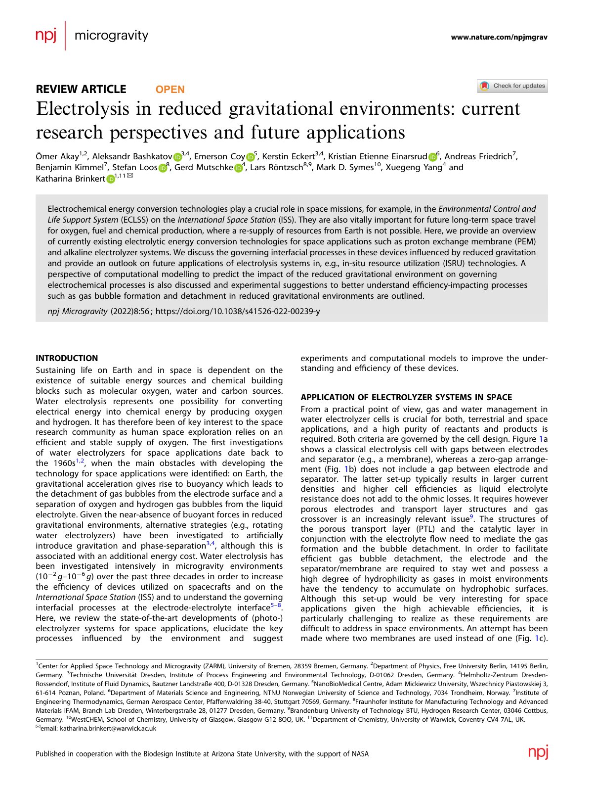 First page of Electrolysis in reduced gravitational environments: current research perspectives and future applications