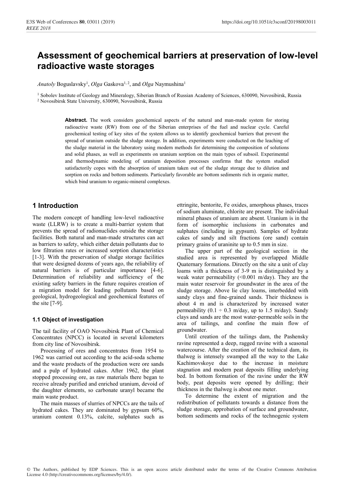 First page of Assessment of geochemical barriers at preservation of low-level radioactive waste storages