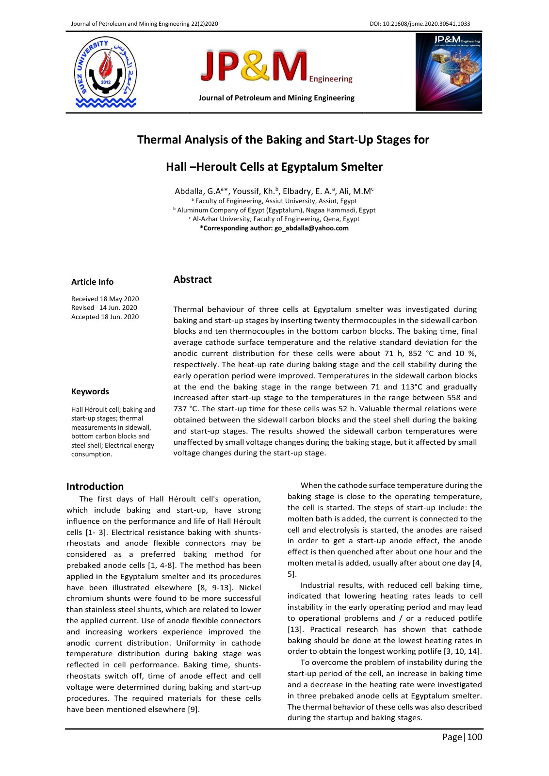 First page of Thermal Analysis of the Baking and Start-Up Stages for Hall –Heroult Cells at Egyptalum Smelter