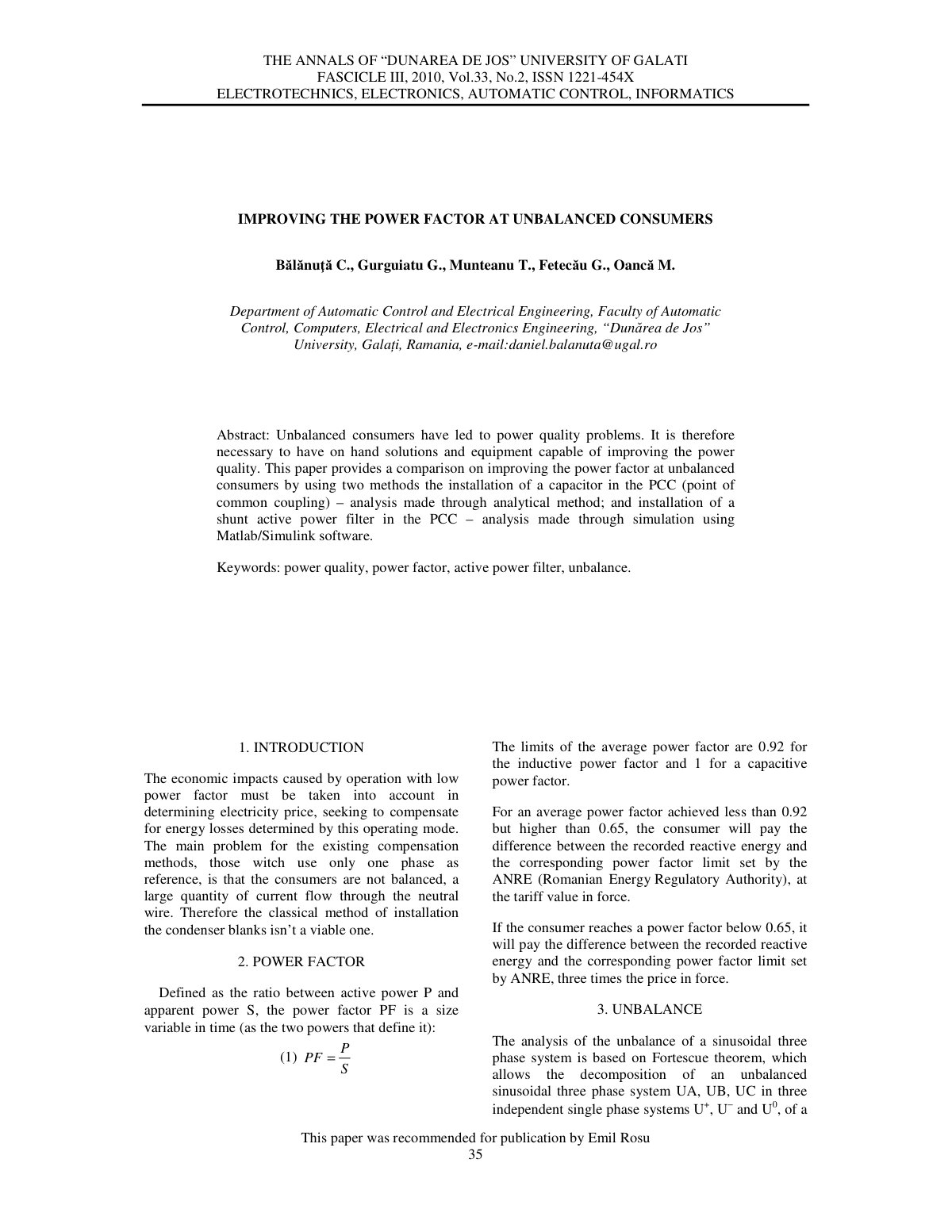 First page of IMPROVING THE POWER FACTOR AT UNBALANCED CONSUMERS