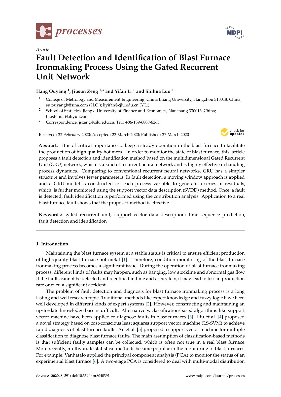 First page of 139 Fault Detection and Identification of Blast Furnace Ironmaking Process Using the Gated Recurrent Unit Network