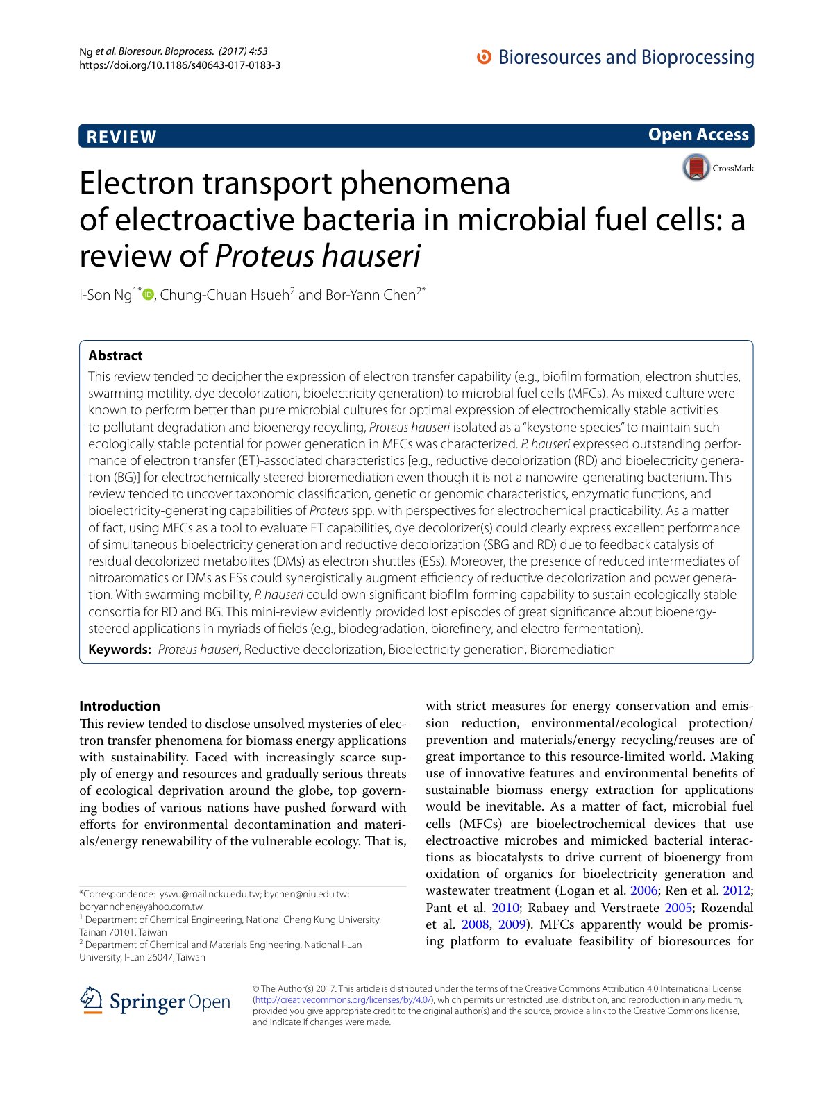 First page of Electron transport phenomena of electroactive bacteria in microbial fuel cells: a review of Proteus hauseri