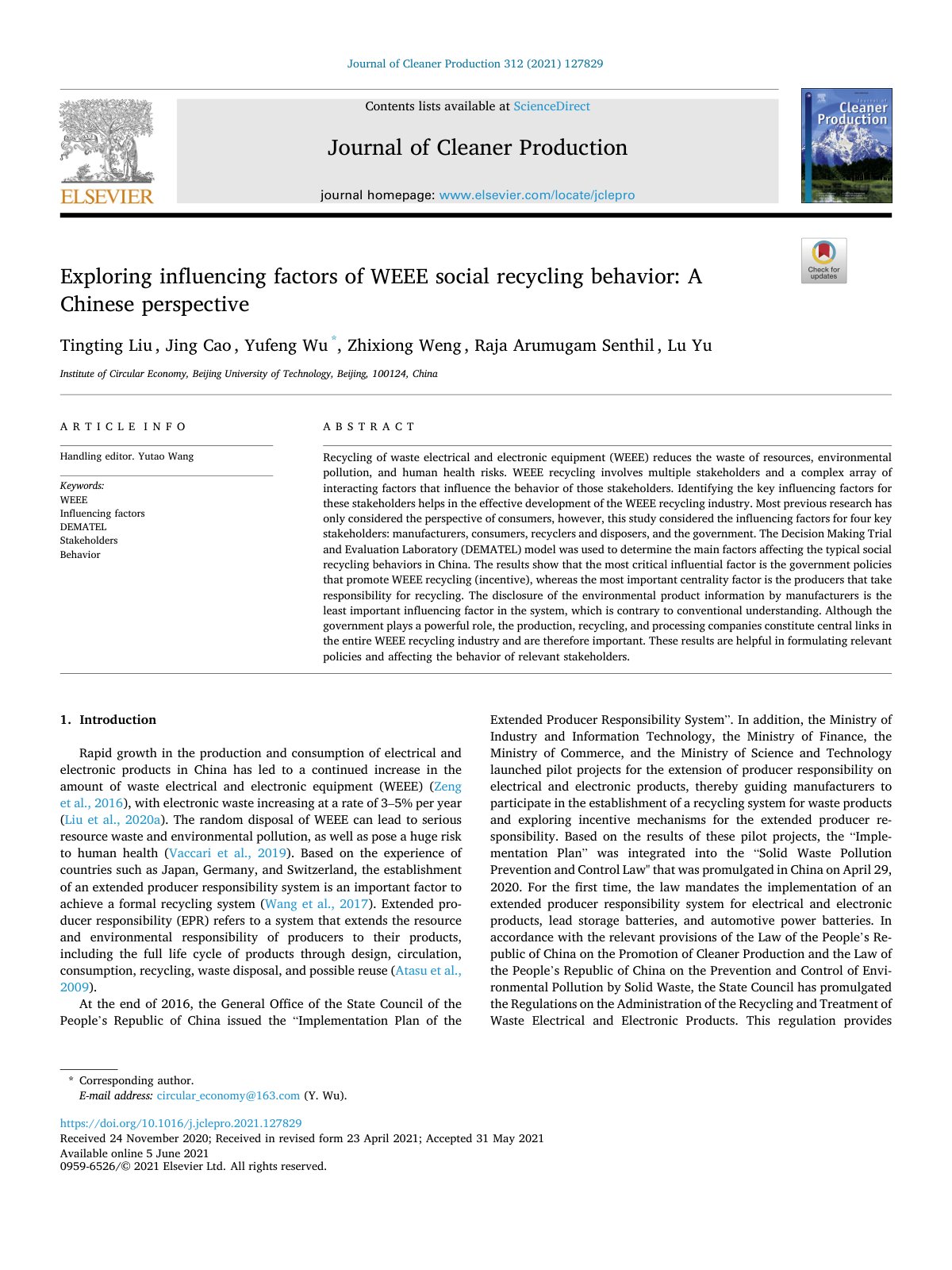 First page of Exploring influencing factors of WEEE social recyclin 2021 Journal of Cleane