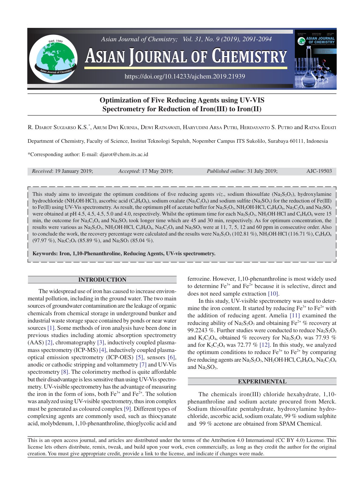 First page of Optimization of Five Reducing Agents usi