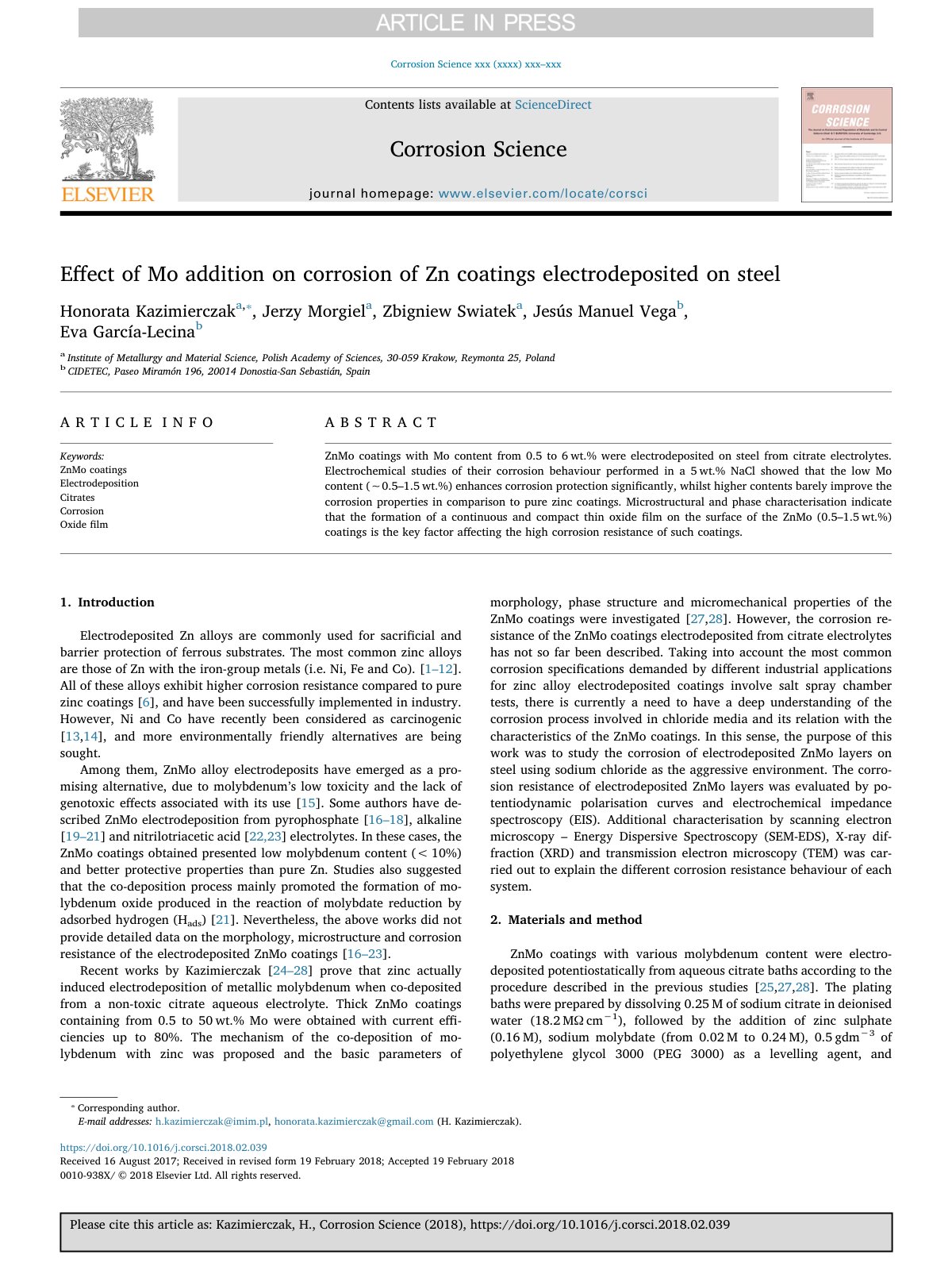 First page of Effect of Mo addition on corrosion of Zn