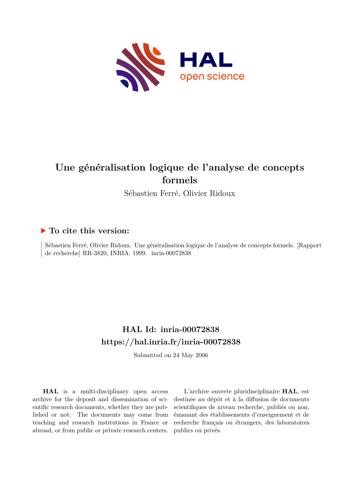First page of Une généralisation logique de l’analyse de concepts formels
