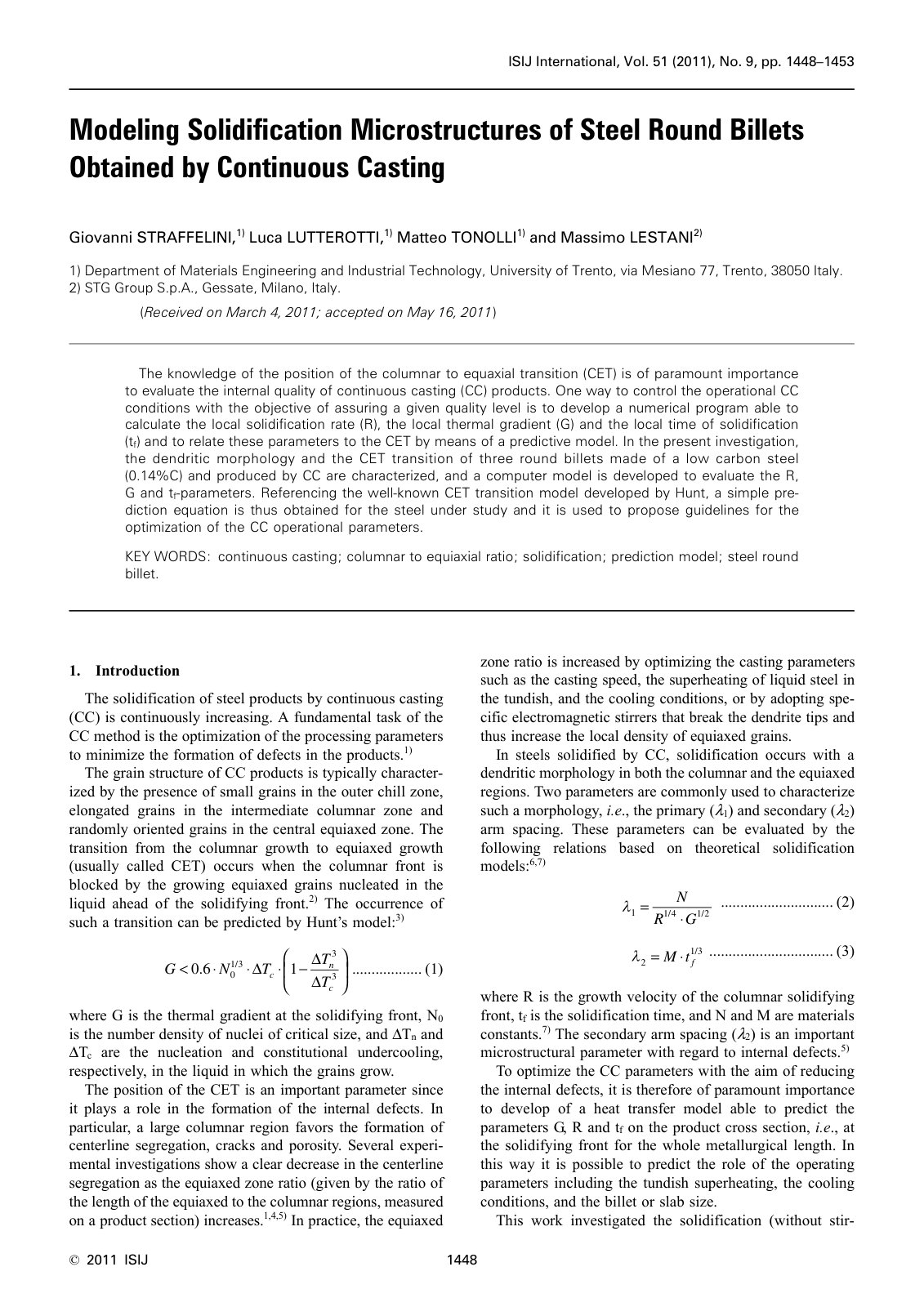 First page of 2011 Giovanni Straffelini Modeling Solidification Microstructures of Steel Round Billets Obtained by Continuous Casting isijinternational.51.1448