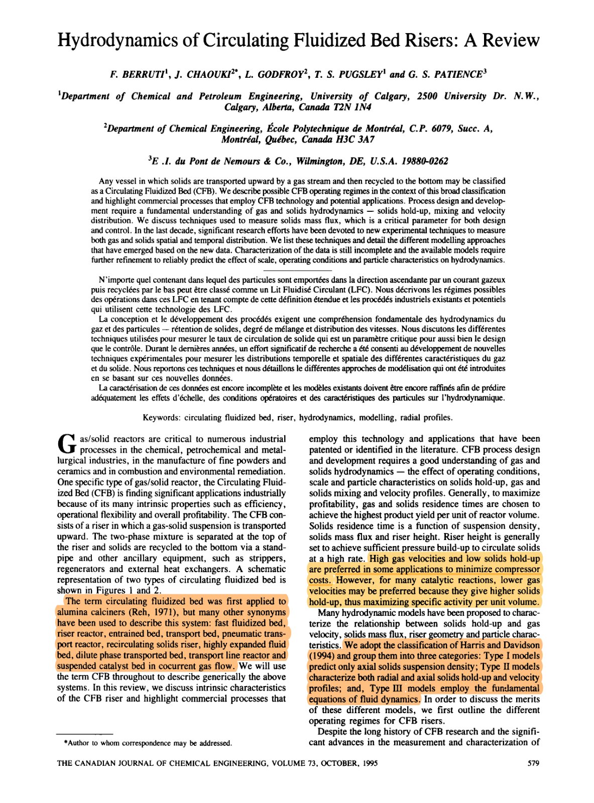 First page of 375494596 Berruti1995 Hydrodynamics of Circulating Fluidized Bed Risers a Review