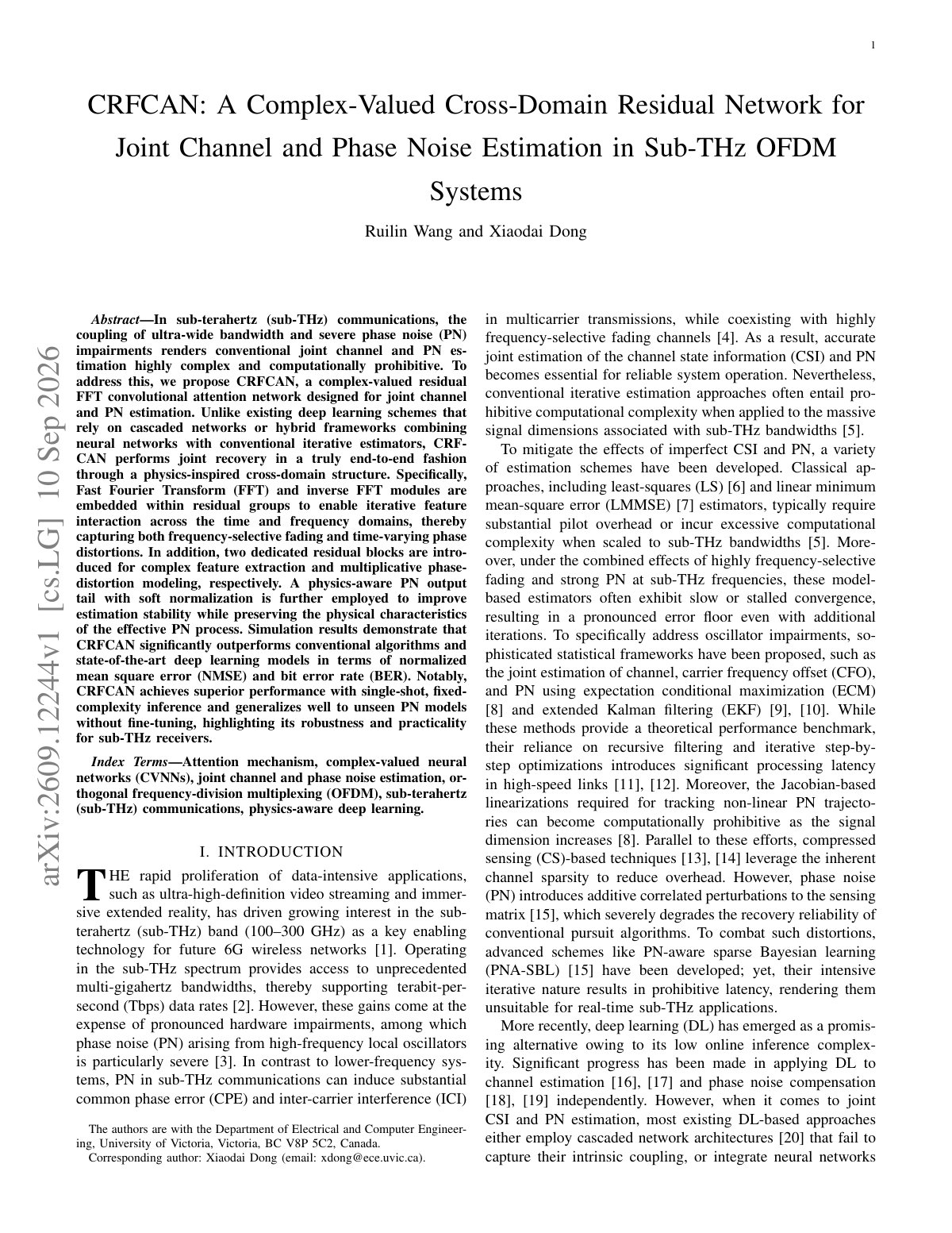 First page of CRFCAN: A Complex-Valued Cross-Domain Residual Network for Joint Channel and Phase Noise Estimation in Sub-THz OFDM Systems