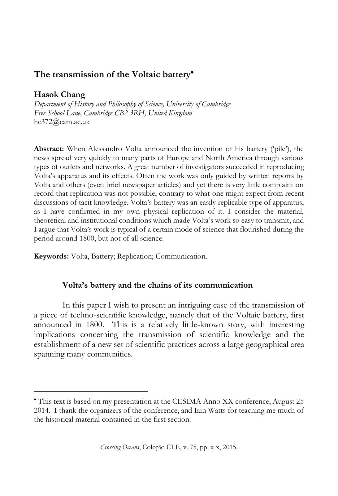 First page of The transmission of the Voltaic battery