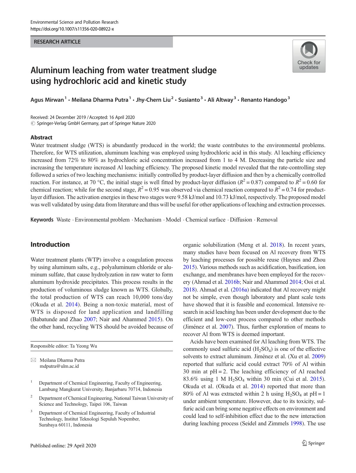 First page of Aluminum leaching from water treatment sludge using hydrochloric acid and kinetic study