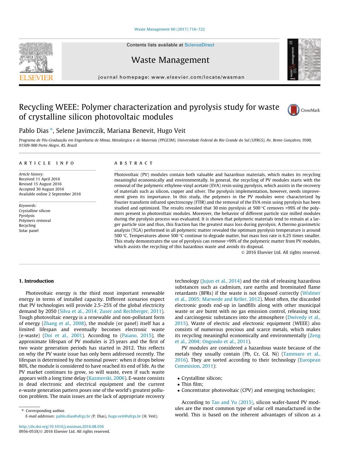 First page of Recycling WEEE  Polymer characterization and pyrolysis study f 2017 Waste Ma