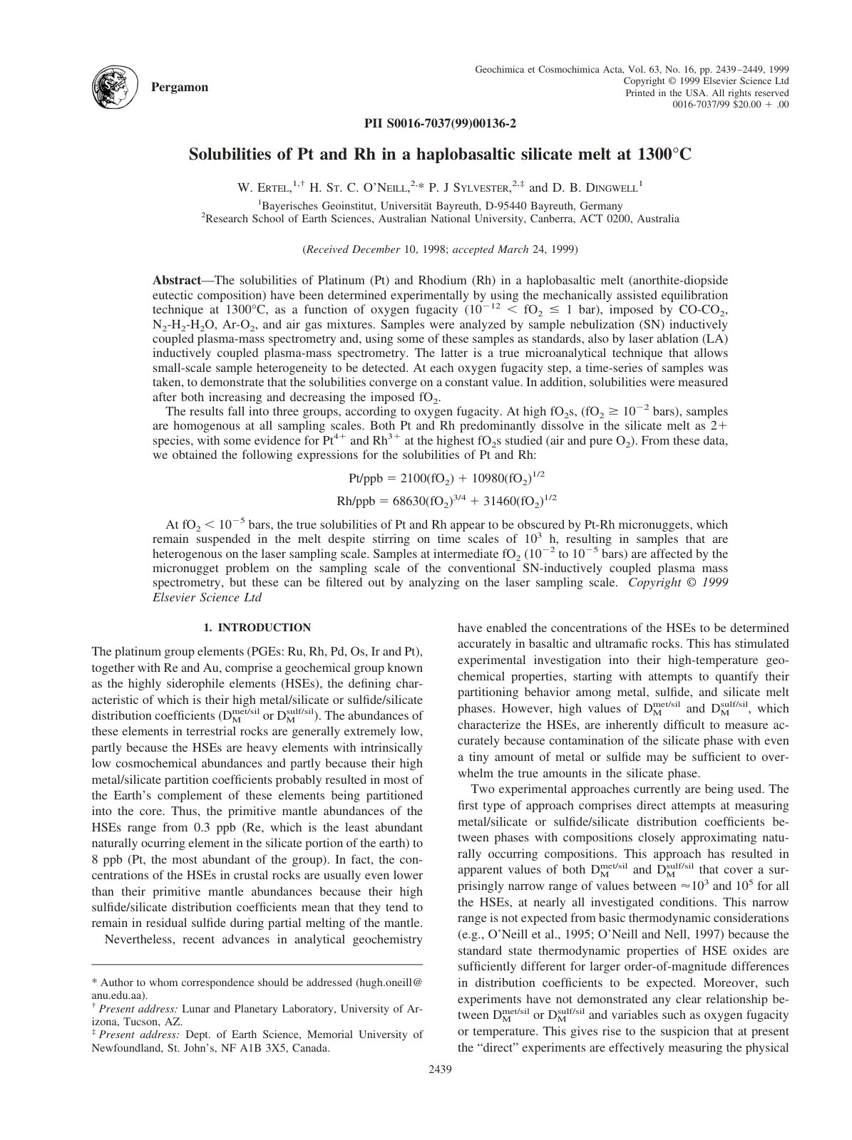 First page of Solubilities of Pt and Rh in a haplobasa