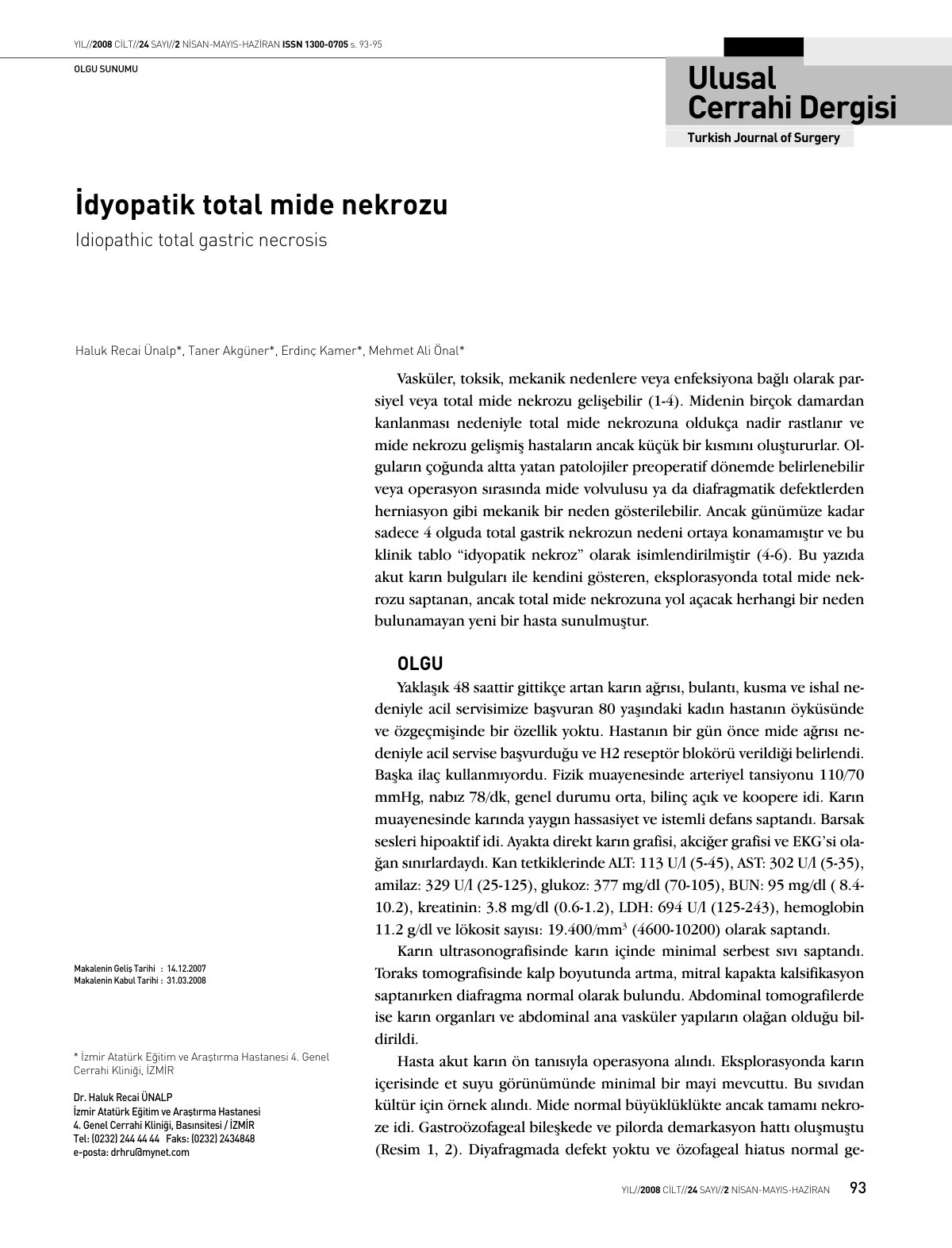 First page of İdyopatik total mide nekrozu